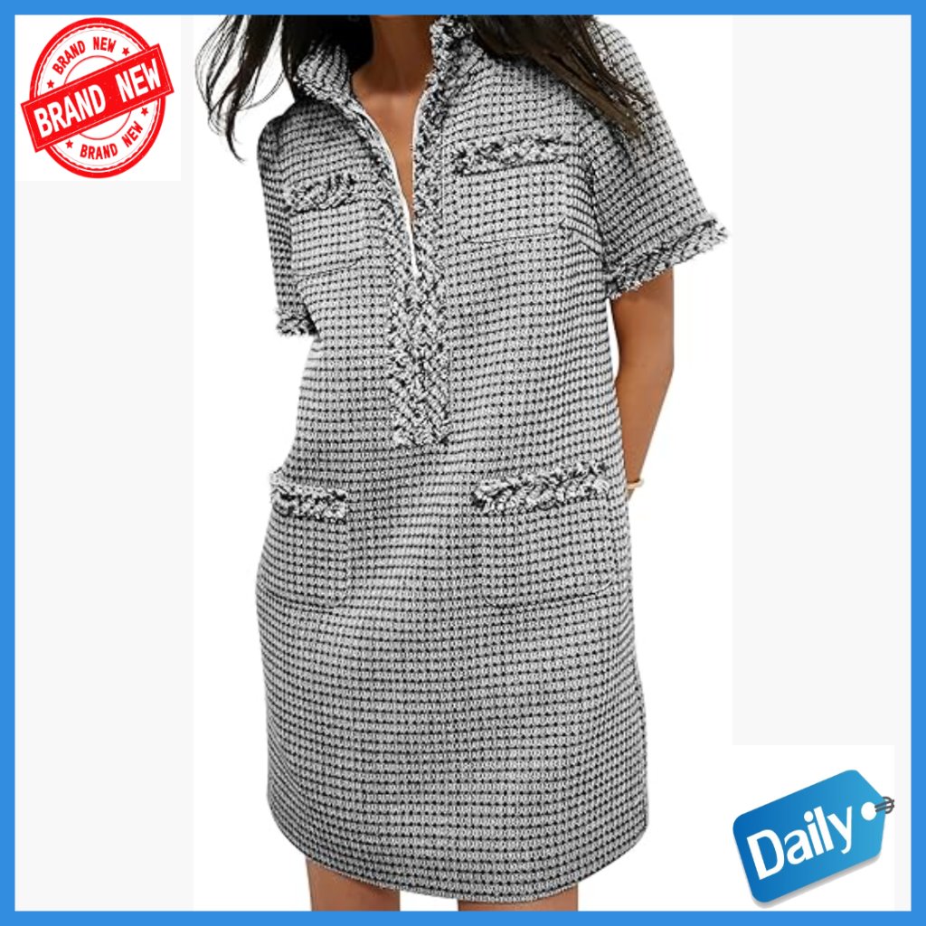 Tweed Mini Dress V-Neck Short Sleeve Bodycon Work Casual Shift